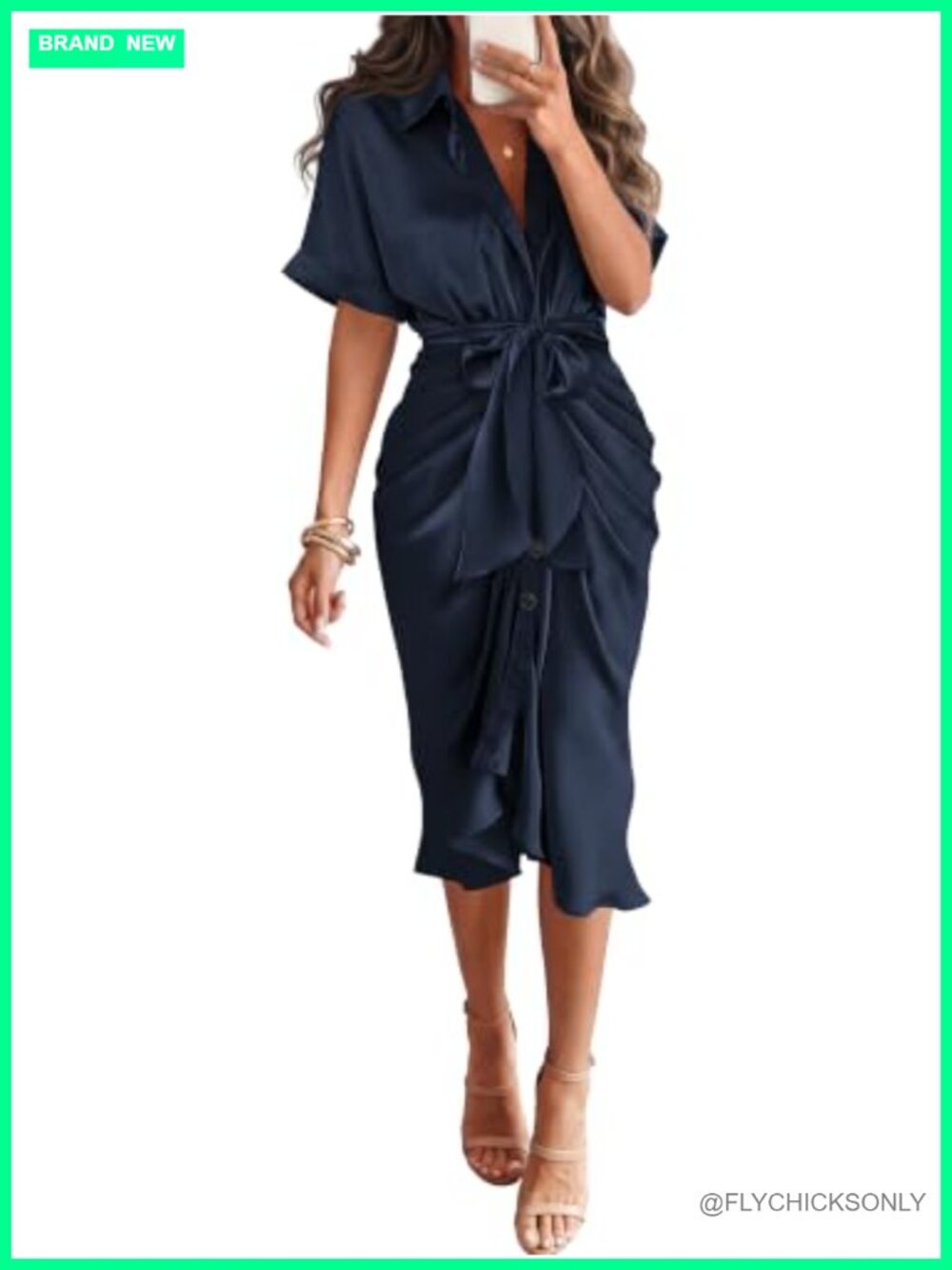 Womens Maxi Shirt Dress Ruched Satin Short Sleeve Tie Waist Ruffle Hem
